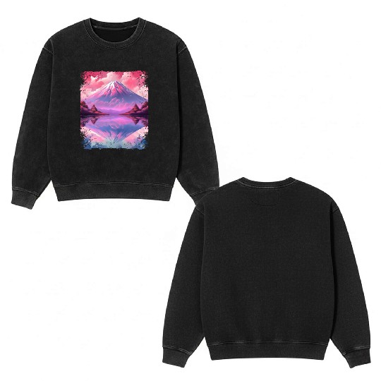Aesthetic Vaporwave Volcano Japan Sight Mount Fuji Double Sided Mineral Wash Sweatshirts