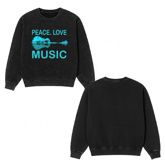 Peace Love Music Guitar Lake Shadow Hippie Double Sided Mineral Wash Sweatshirts