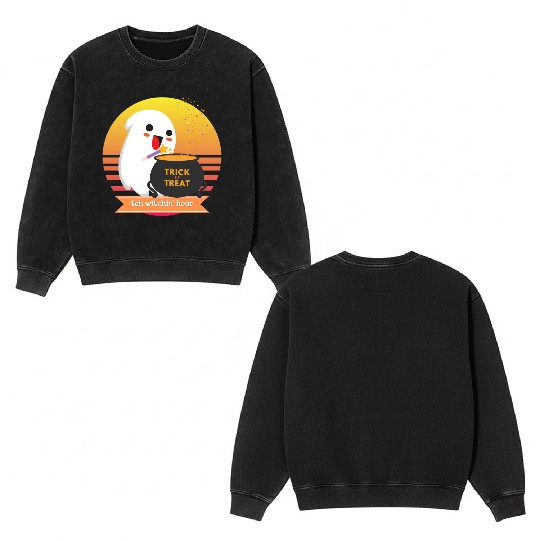 Halloween Cute Ghost Witching Hour Trick Or Treat Double Sided Mineral Wash Sweatshirts