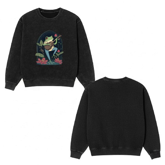 Cottagecore Aesthetic Frog Playing Banjo Double Sided Mineral Wash Sweatshirts