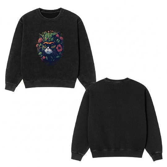 Floral Whiskers | Cat Earth Floral Design Double Sided Mineral Wash Sweatshirts