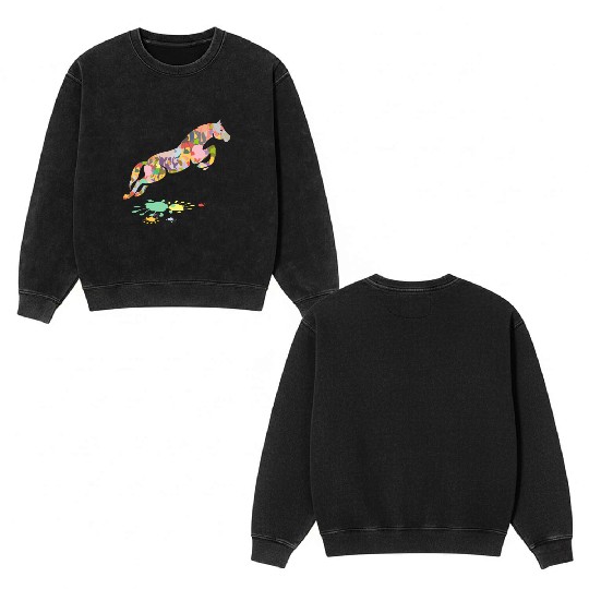 Colorful Horse Jumping Horse Double Sided Mineral Wash Sweatshirts