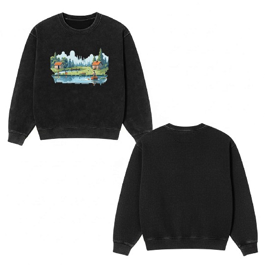 Fisherman Nature 8-bit style Double Sided Mineral Wash Sweatshirts