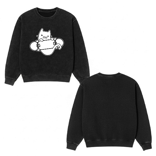 Angry Cat And Skateboard Skateboarding Outline Double Sided Mineral Wash Sweatshirts