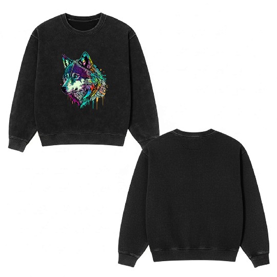 Vibrant Psychedelic Wolf Illustration Double Sided Mineral Wash Sweatshirts