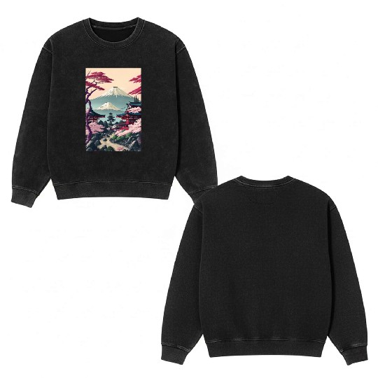 Asia Landscape Serene Mount Fuji Double Sided Mineral Wash Sweatshirts