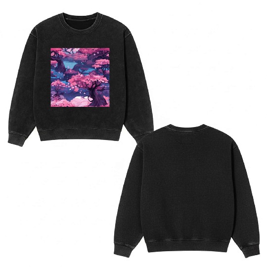 Anime Euphoria: Fantasy Cherry Blossom Dreamscape Double Sided Mineral Wash Sweatshirts