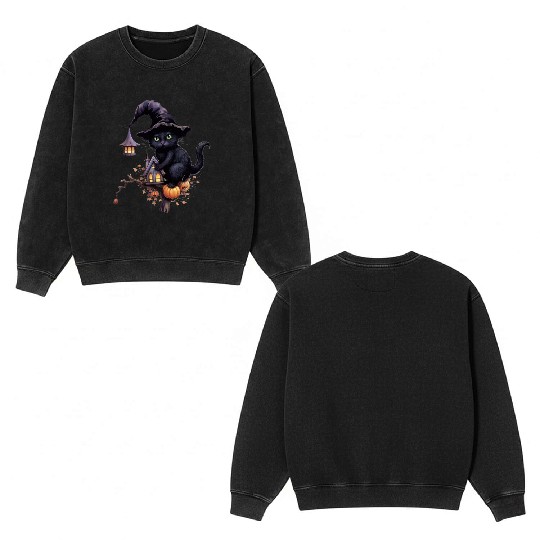 Cat Sticker, Black Cat Witch, Halloween, Double Sided Mineral Wash Sweatshirts
