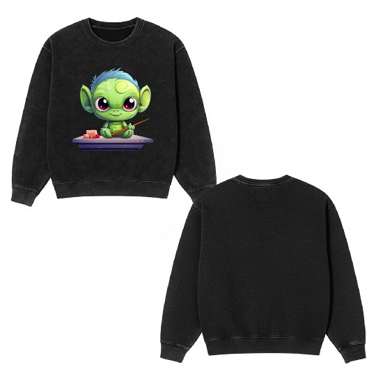 Alien Enjoying Sushi Double Sided Mineral Wash Sweatshirts