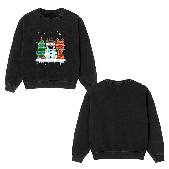 Christmas Tree Snowman Reindeer Book Stack Double Sided Mineral Wash Sweatshirts