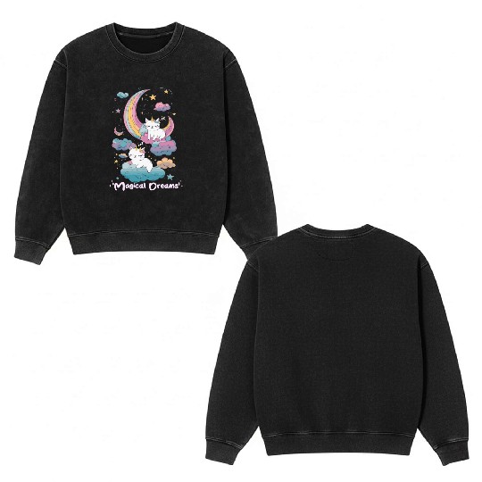 Magical Dreams Sleeping Cat Unicorns Pastel Clouds Double Sided Mineral Wash Sweatshirts