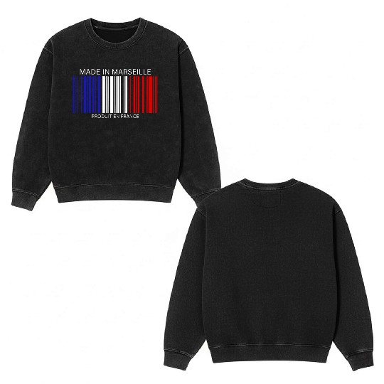 Marseille Barcode France Flag for French People Double Sided Mineral Wash Sweatshirts