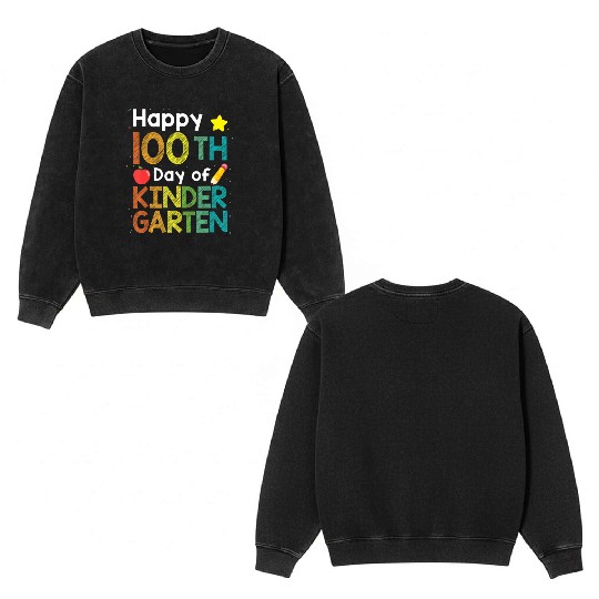 Cute 100 Days Of Kindergarten Teacher Colorful Double Sided Mineral Wash Sweatshirts