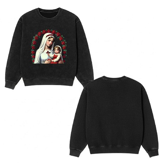 Mother Mary and Baby Jesus with Red Roses Double Sided Mineral Wash Sweatshirts