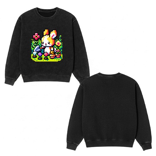 8-Bit Bunny Gardener: Retro Digital Garden Scene Double Sided Mineral Wash Sweatshirts