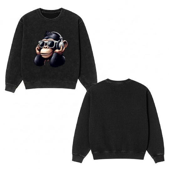 Chimpanzee with sunglasses and headphones Double Sided Mineral Wash Sweatshirts