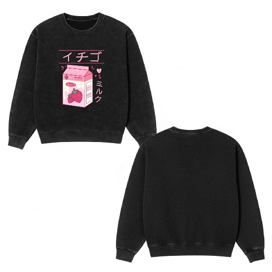 Japanese Strawberry Milk Drink Kawaii Kanji Vaporw Double Sided Mineral Wash Sweatshirts