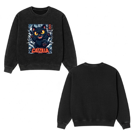 Kaiju Catzilla in Japan Tokyo Double Sided Mineral Wash Sweatshirts