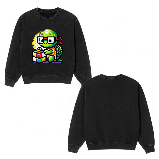 Rubik's Cube & Pixel Turtle - A Brainy Challenge Double Sided Mineral Wash Sweatshirts