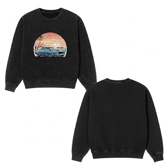 A muscle car cruisingon a coastal road. Double Sided Mineral Wash Sweatshirts