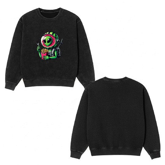 Alien with watermelon helmet eats fries Double Sided Mineral Wash Sweatshirts