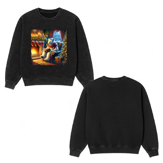 Winter Tales-Merry Cozy Bear Reading by Fireplace Double Sided Mineral Wash Sweatshirts