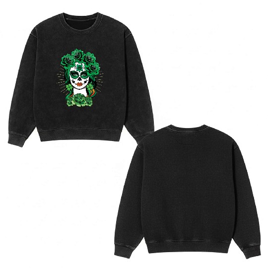 St Patrick's Day Dia De Los Muertos La Calavera Double Sided Mineral Wash Sweatshirts