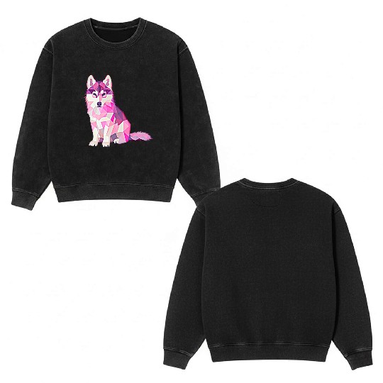 Pink Wolf Cute Baby Wolf Double Sided Mineral Wash Sweatshirts