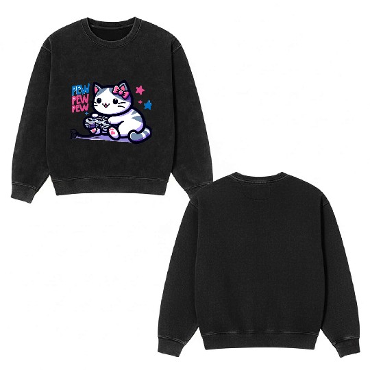 Cat Play Console Game Pew Pew Pew Double Sided Mineral Wash Sweatshirts