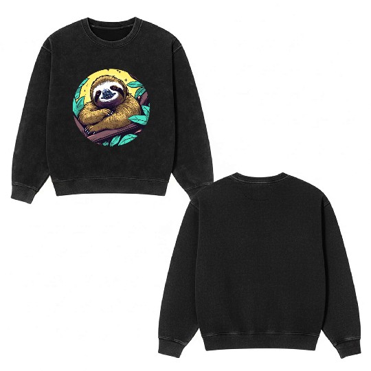 Sleeping Sloth Illustration Double Sided Mineral Wash Sweatshirts