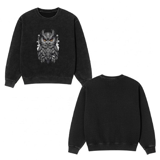 mythic black and white mandala owl Double Sided Mineral Wash Sweatshirts