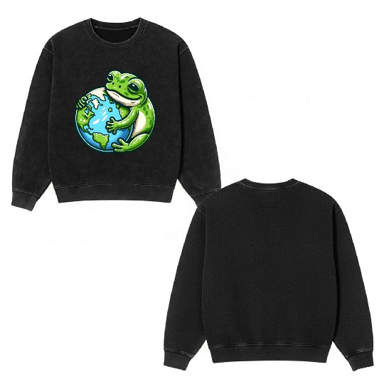 Frog Embracing Earth: Earth Day Double Sided Mineral Wash Sweatshirts