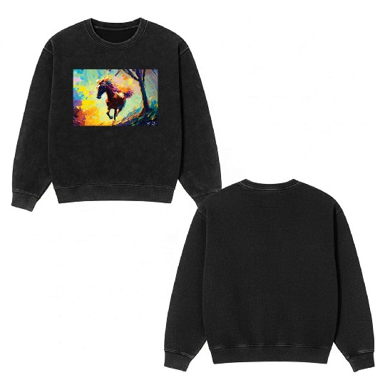 Oil Painting Style Running Horse Signed Double Sided Mineral Wash Sweatshirts