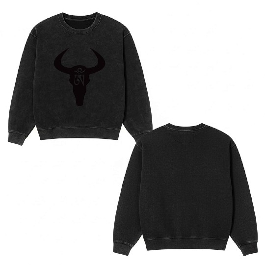 Wild yak skull with Tibetan inscriptions Double Sided Mineral Wash Sweatshirts