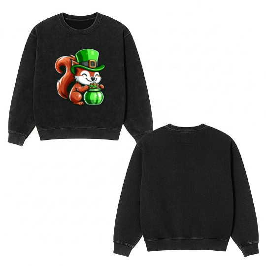 St. Patrick's Day Cute Squirrel Comic Design Double Sided Mineral Wash Sweatshirts