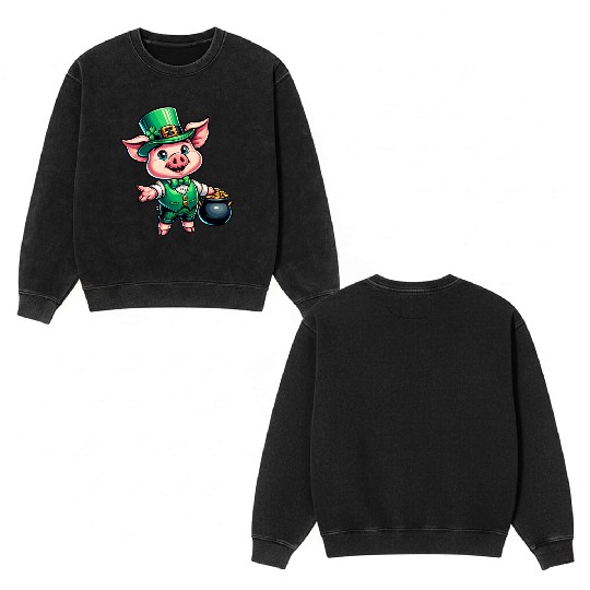 Cute St. Patrick's Piglet Double Sided Mineral Wash Sweatshirts