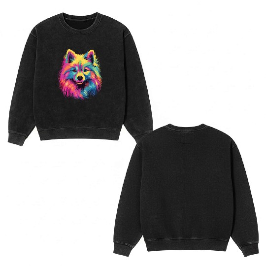 Watercolor Colorful Japan Spitz Double Sided Mineral Wash Sweatshirts