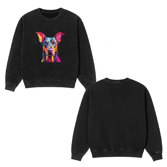 Watercolor Colorful Doberman Pinscher Double Sided Mineral Wash Sweatshirts