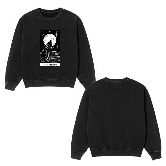 Tarot Card The Moon Wolf Howling Double Sided Mineral Wash Sweatshirts