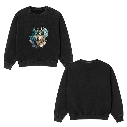 Wolf Print, Cosmic Wolves, Animal Print, Cosmos Double Sided Mineral Wash Sweatshirts
