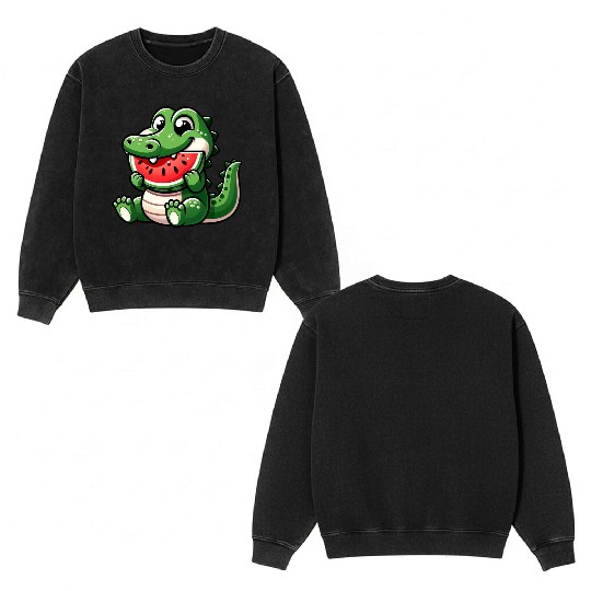 Crocodile With Watermelon Fruity Cute Double Sided Mineral Wash Sweatshirts