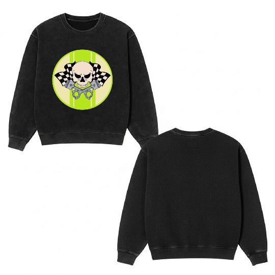 Light green racing stripe with skull and pistons Double Sided Mineral Wash Sweatshirts