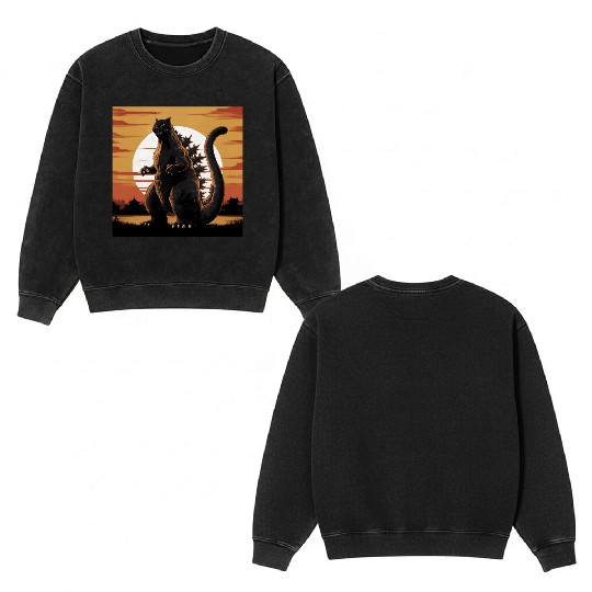 Catzilla Cat Japanese Art Funny Cat Gifts Double Sided Mineral Wash Sweatshirts