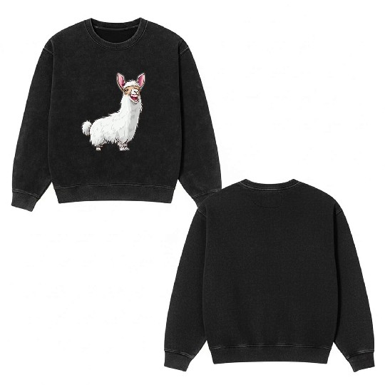 Smiling Llama With Bunny Ears Double Sided Mineral Wash Sweatshirts