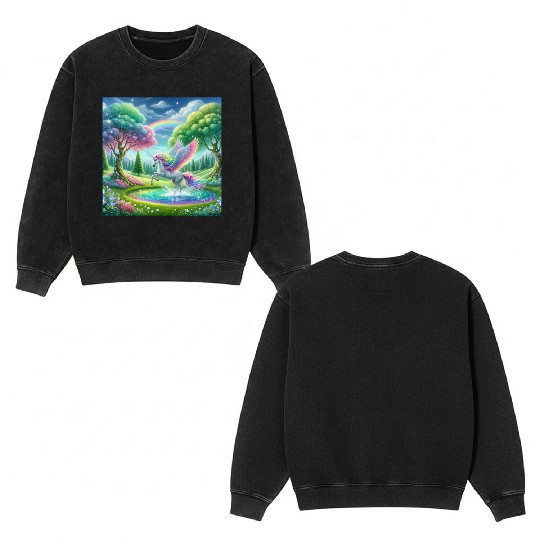 Enchanted Rainbow Unicorn Over Sparkling Pond Double Sided Mineral Wash Sweatshirts