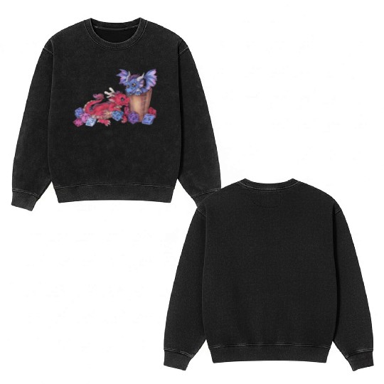 Cute dragon chibi with dice D20 pen and paper Double Sided Mineral Wash Sweatshirts