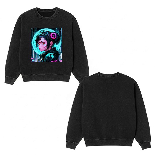 Beautiful Cyberpunk Girl Aesthetic Anime Double Sided Mineral Wash Sweatshirts