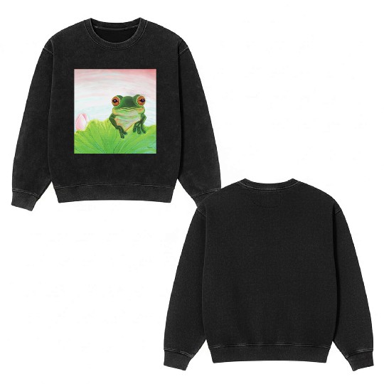 Green Frog Relaxing in the Pond Double Sided Mineral Wash Sweatshirts