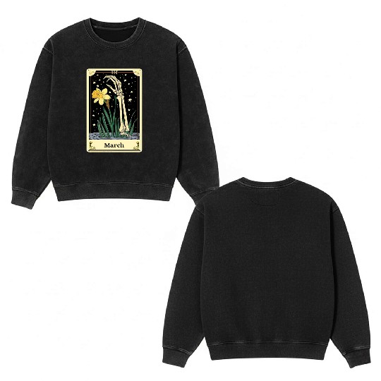 March Gothic Tarot Card - Daffodil Flower & Skelet Double Sided Mineral Wash Sweatshirts