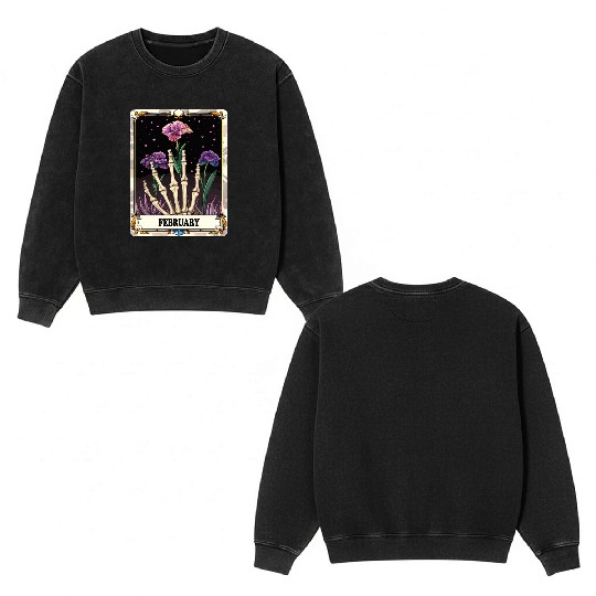 February Gothic Tarot Card - Violet Flower & Skele Double Sided Mineral Wash Sweatshirts